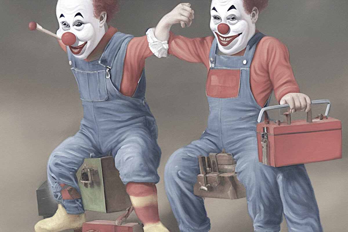 Ein Porträt von zwei als Mechaniker gekleideten Clowns
